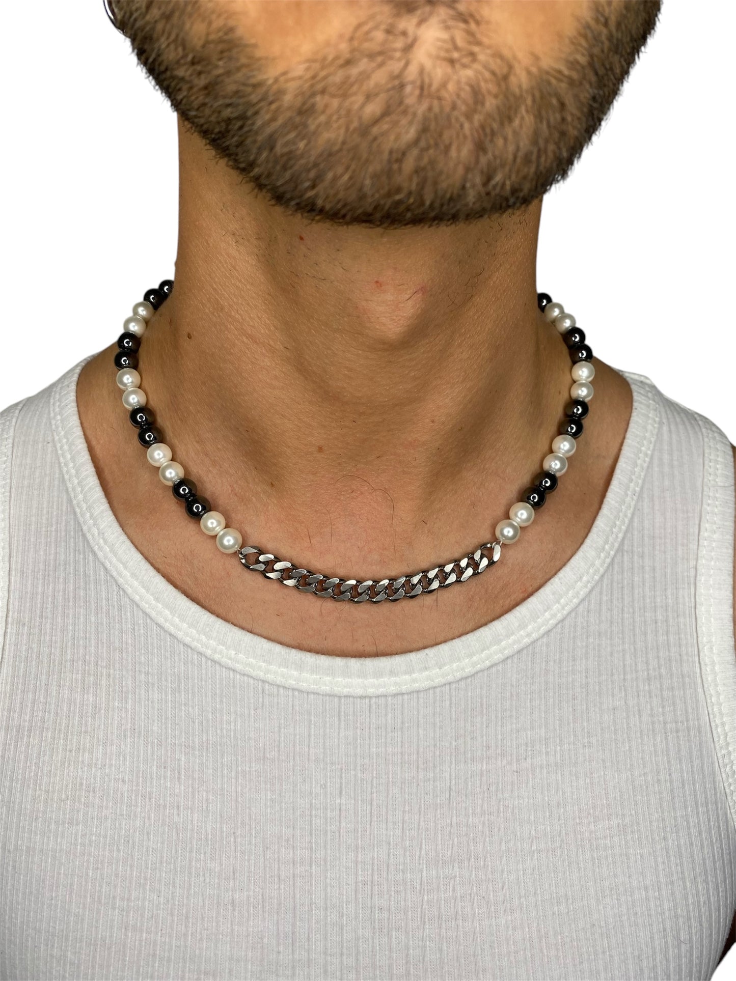 PEARL & HEMATITE CHAIN NECKLACE