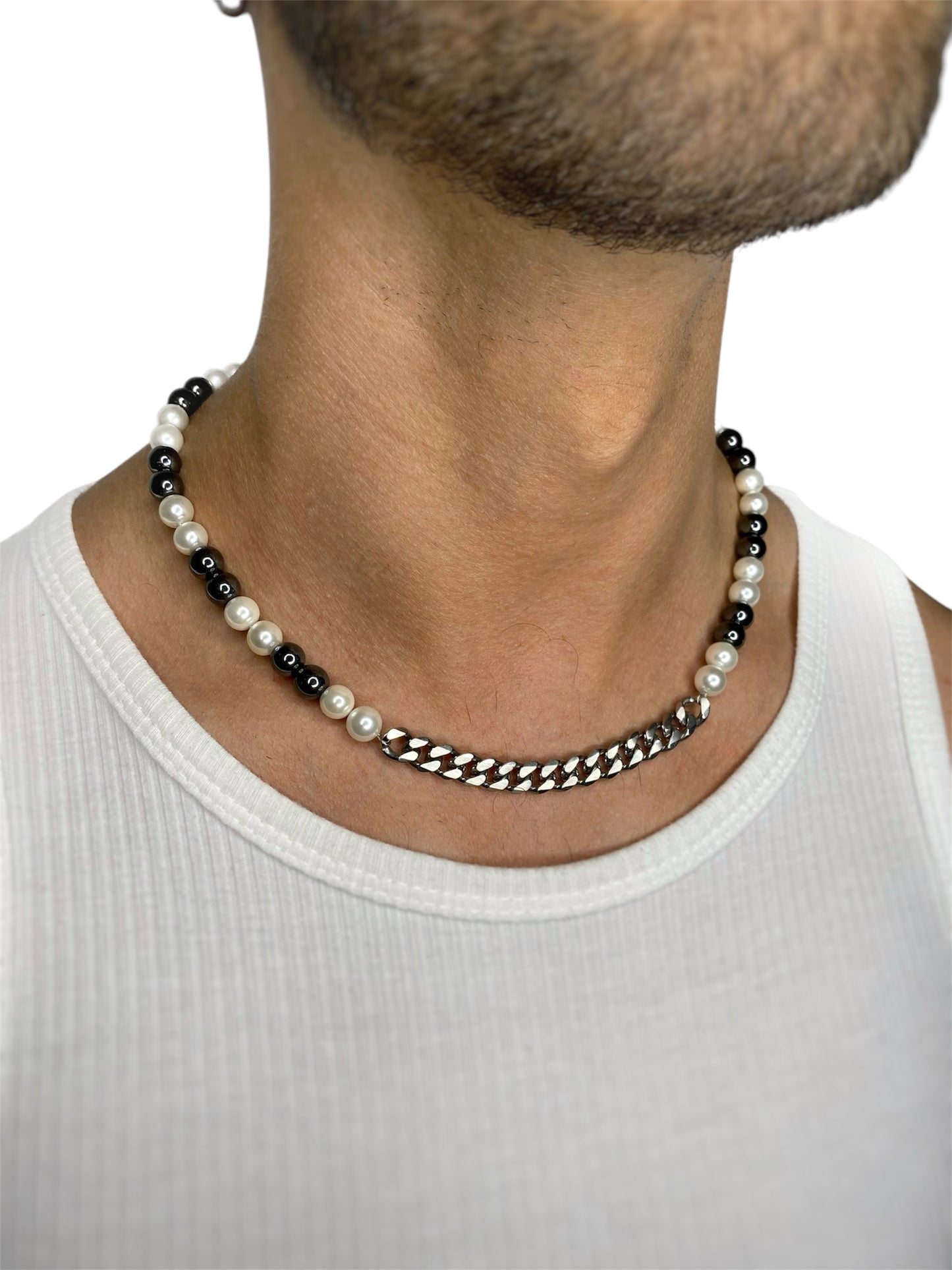 PEARL & HEMATITE CHAIN NECKLACE